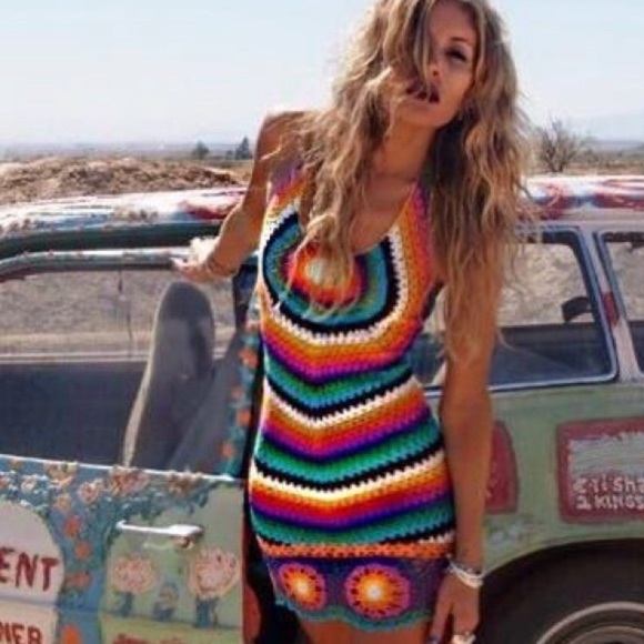 Rat & Boa Inferno Rainbow Crochet Halter Mini Dress - Picture 1 of 5